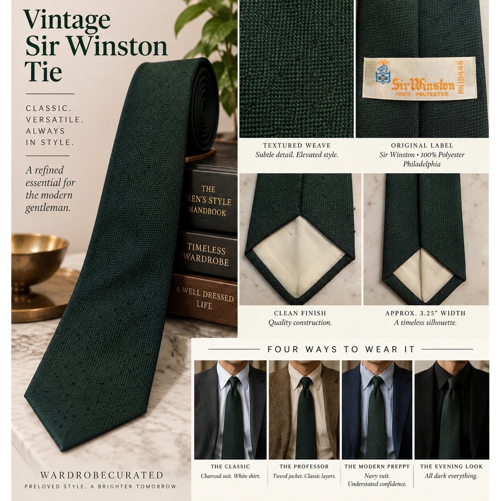 Vintage Sir Winston Mens Tie Forest Green Textured Pin Dot Polyester RN18448